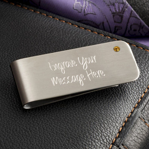 Engraved Stainless Steel Orange Crystal Corner Money Clip